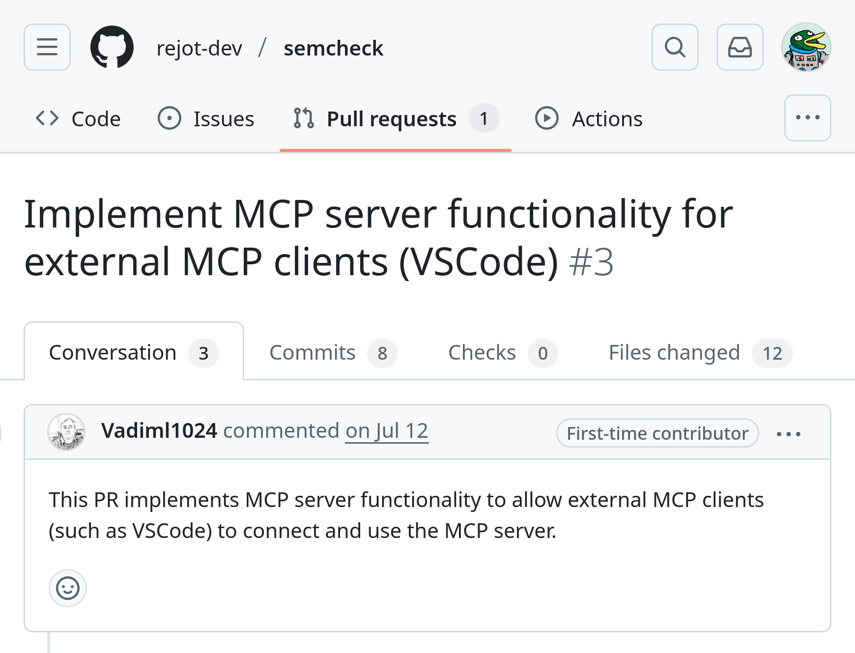 Github PR for semcheck MCP server